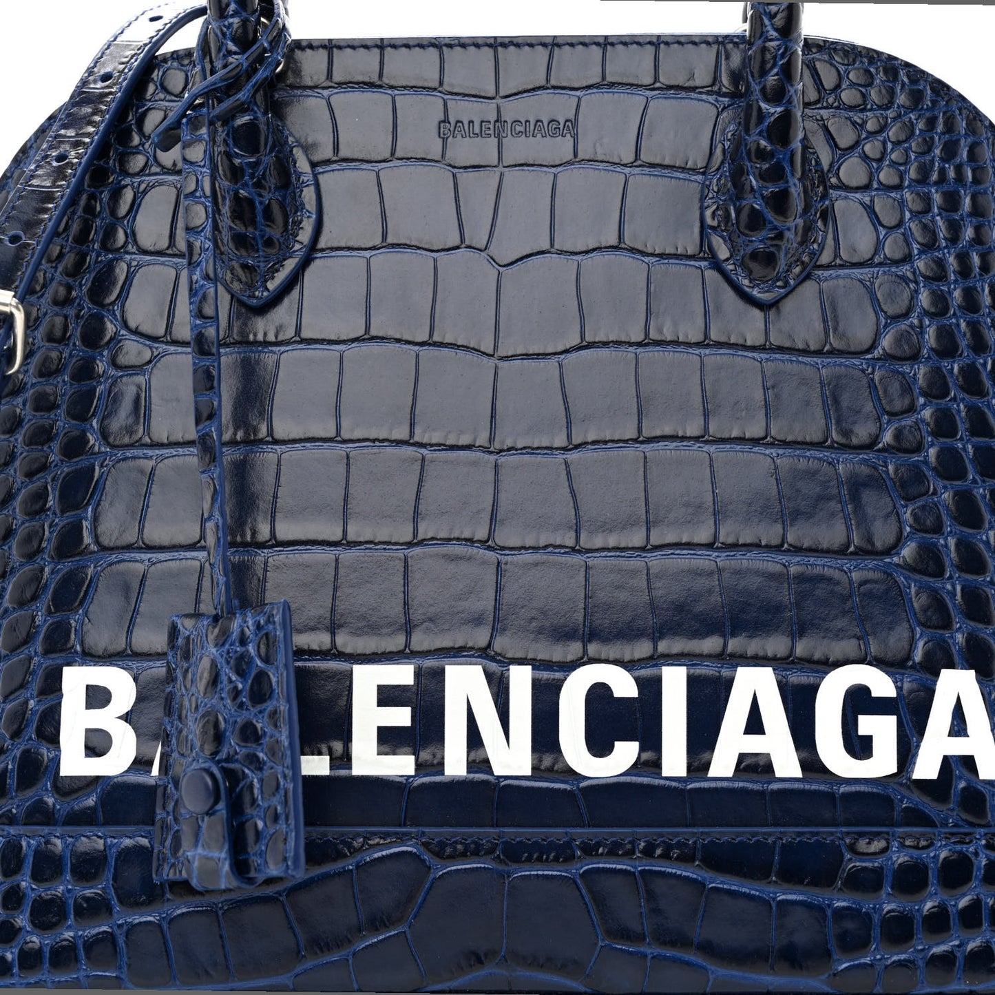 Shiny Calfskin Logo Crocodile Embossed S Ville Top Handle Bag Navy White