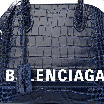 Balenciaga Shiny Calfskin Logo Crocodile Embossed S Ville Top Handle Bag Navy White 8 of 12