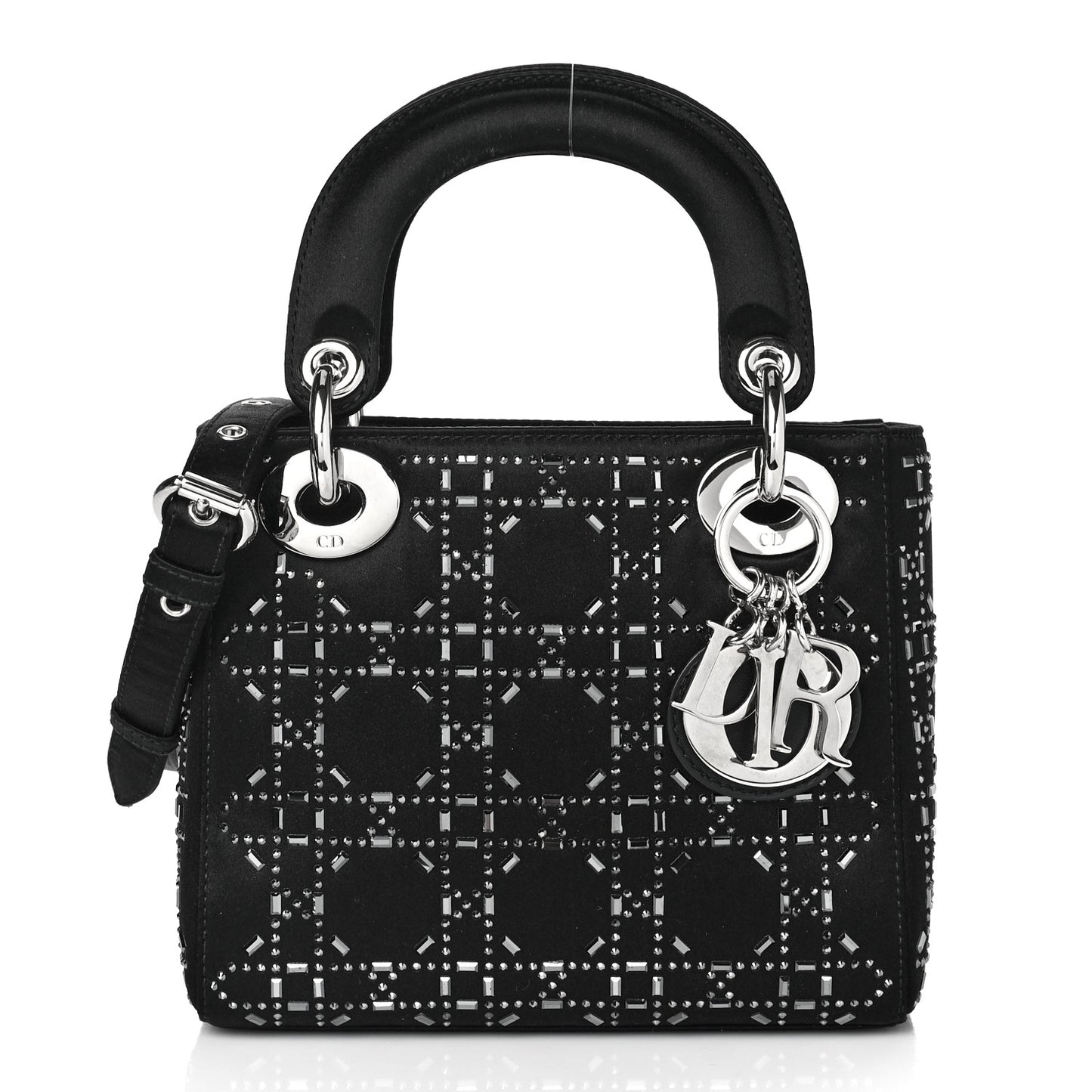 Satin Crystal Cannage Mini Lady Dior Black