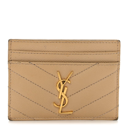 Saint Laurent Grain De Poudre Matelasse Chevron Monogram Credit Card Case Dark Beige 1 of 11