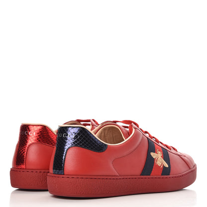 Gucci Miro Soft Calfskin Laminated Ayers Web Bee Embroidered Mens Ace Sneakers 10.5 Hibiscus Red Red Flame Notte 4 of 9