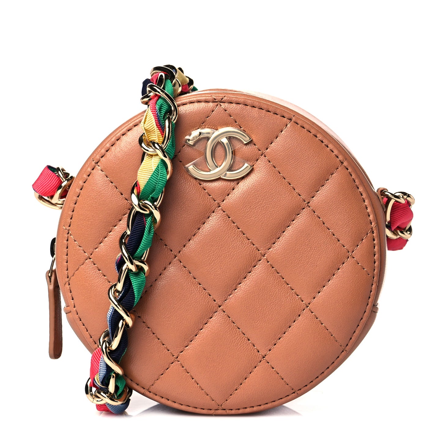 Shiny Lambskin Ribbon Quilted Round Clutch With Chain Brown