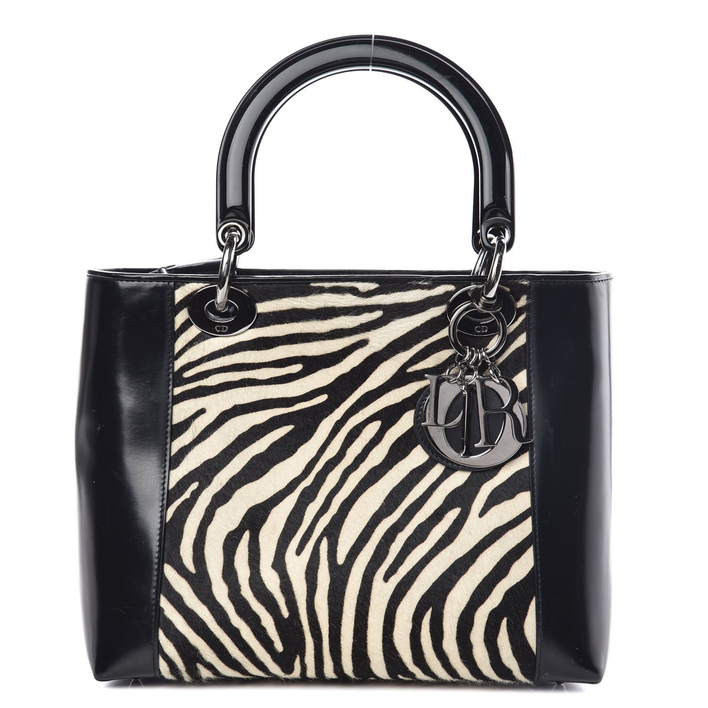 Vintage Patent Pony Hair Zebra Print Medium Lady Dior Black