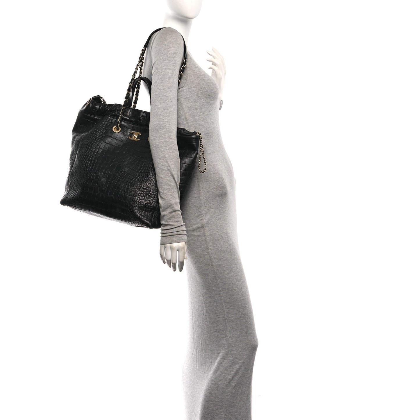 Calfskin Crocodile Embossed Large Cocodile Shopping Tote Black