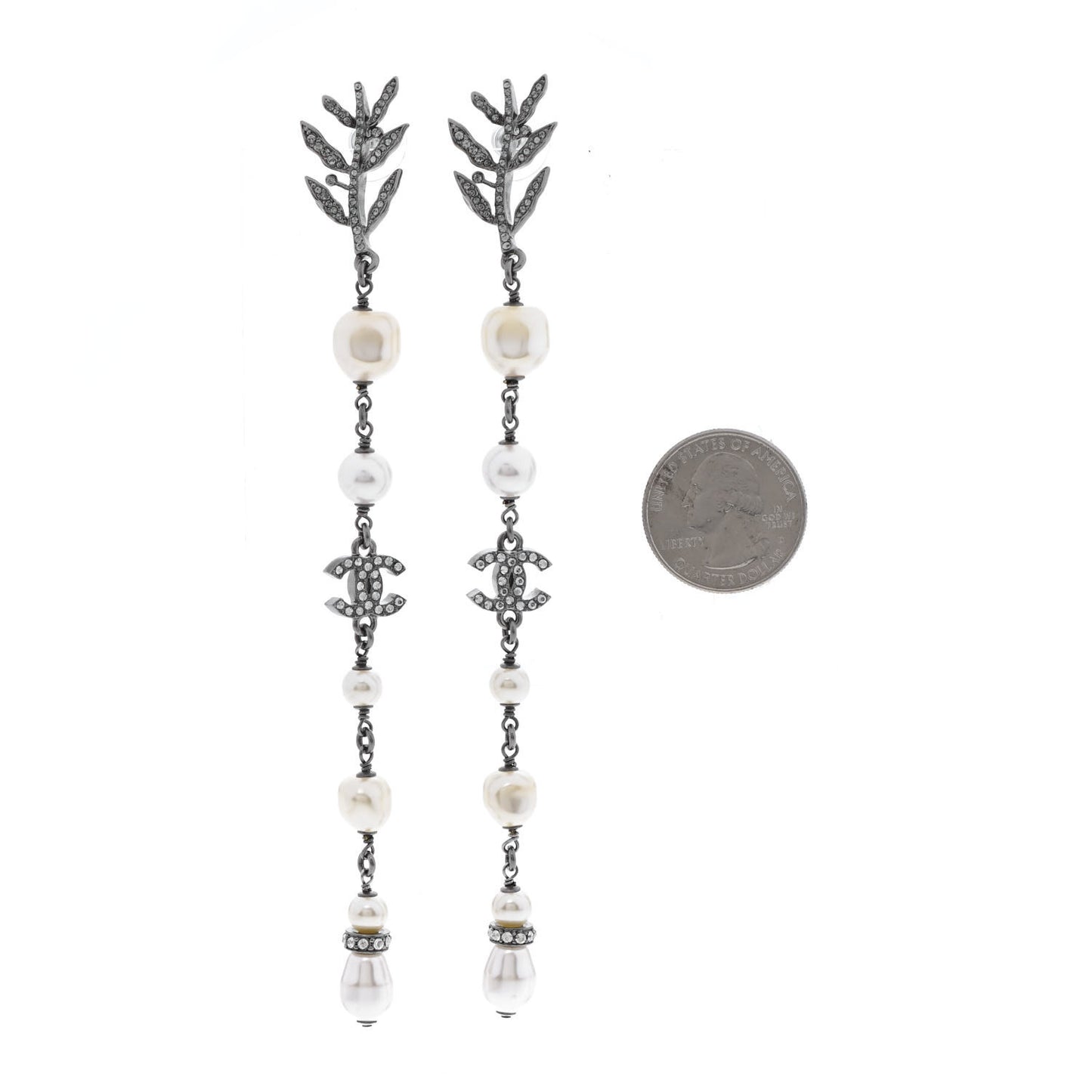 Glass Pearl CC Leaf Long Drop Earrings Silver
