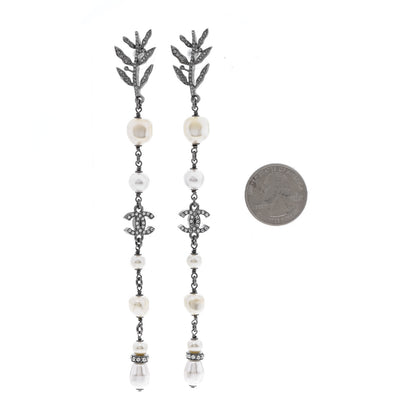 Chanel Glass Pearl CC Leaf Long Drop Earrings Silver 2 of 4
