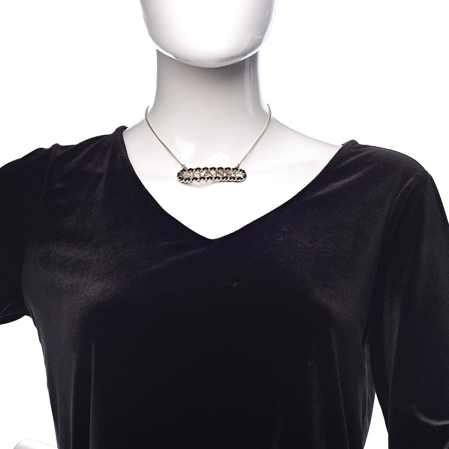 Chanel Metal Lambskin Logo Necklace Black Gold 2 of 5
