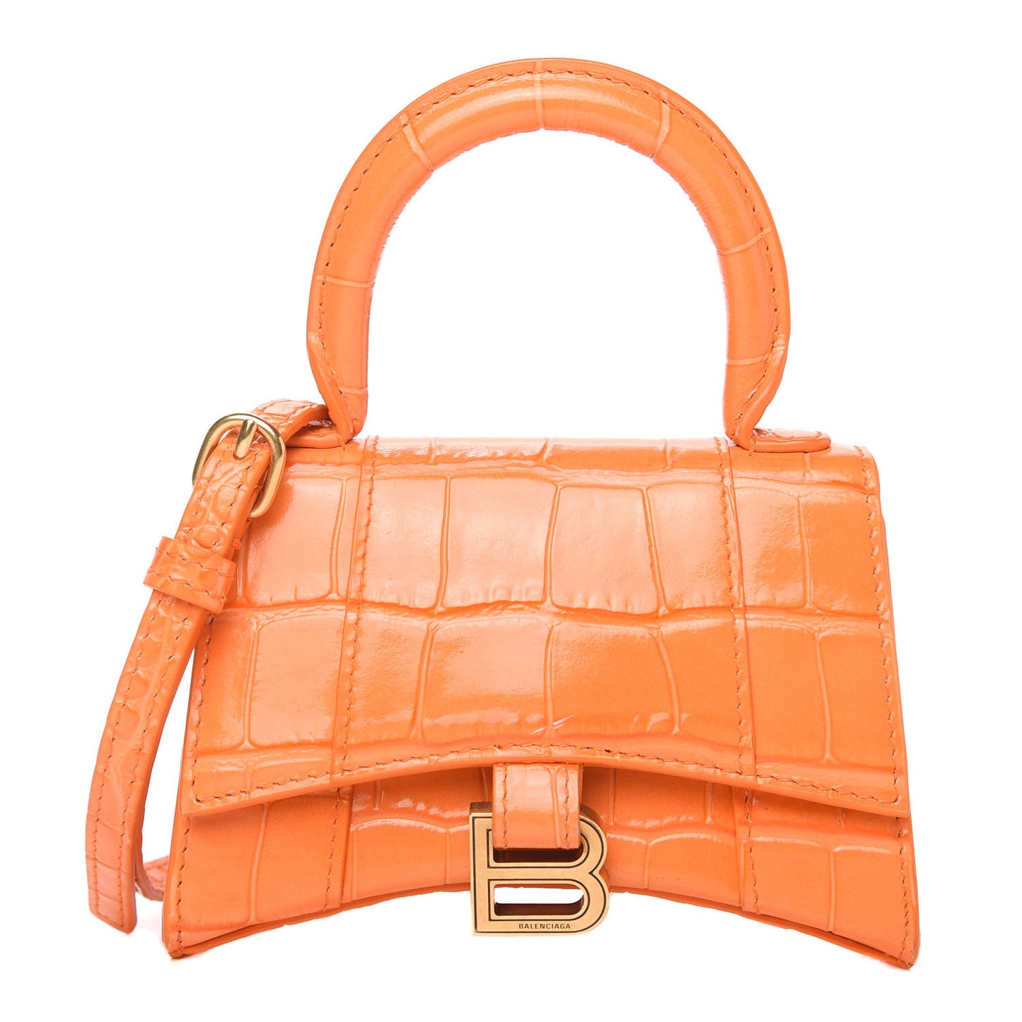 Shiny Calfskin Crocodile Embossed Hourglass Top Handle Bag Mini Orange