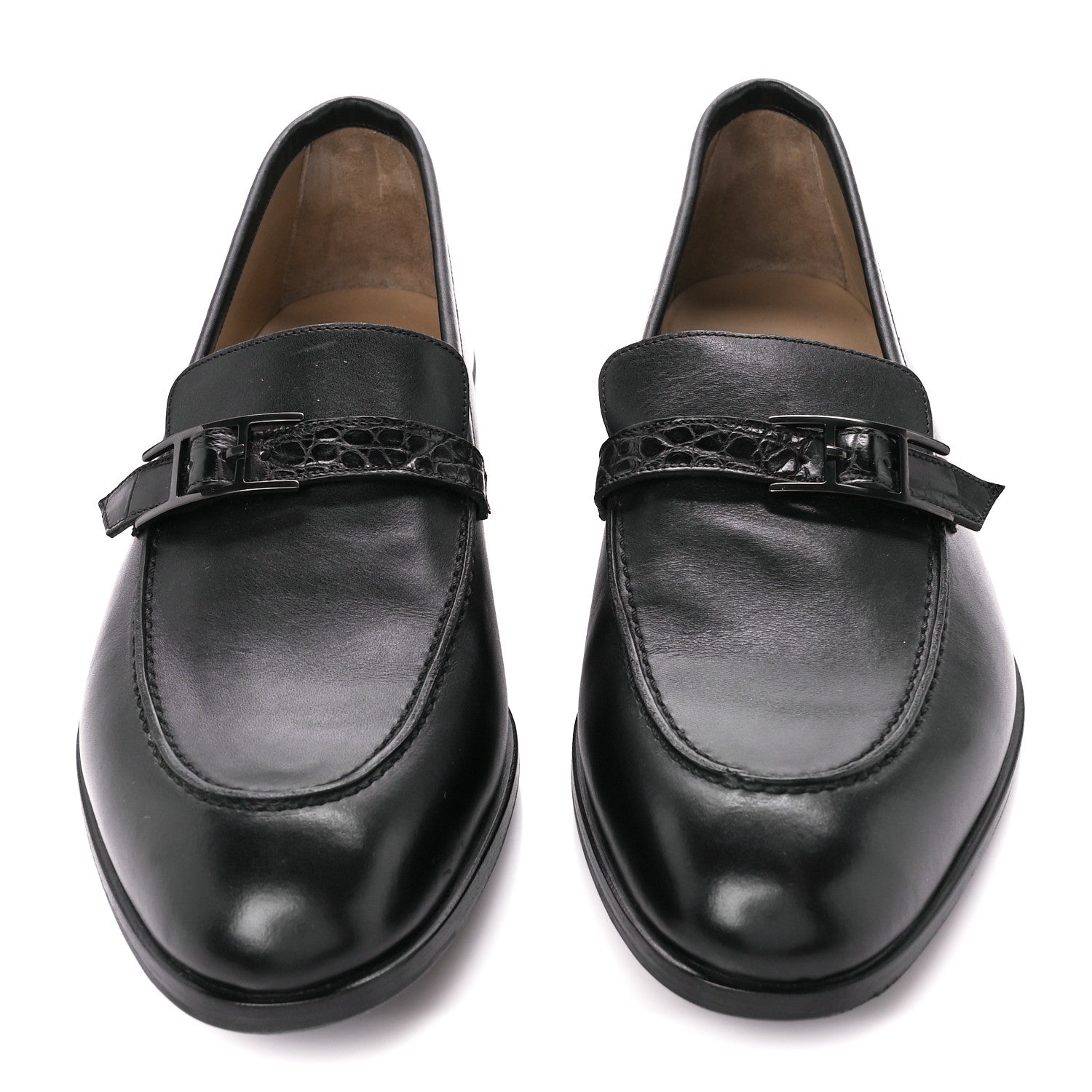 Hermes Calfskin Shiny Alligator Mens Monterey Loafers 42 Black 2 of 8