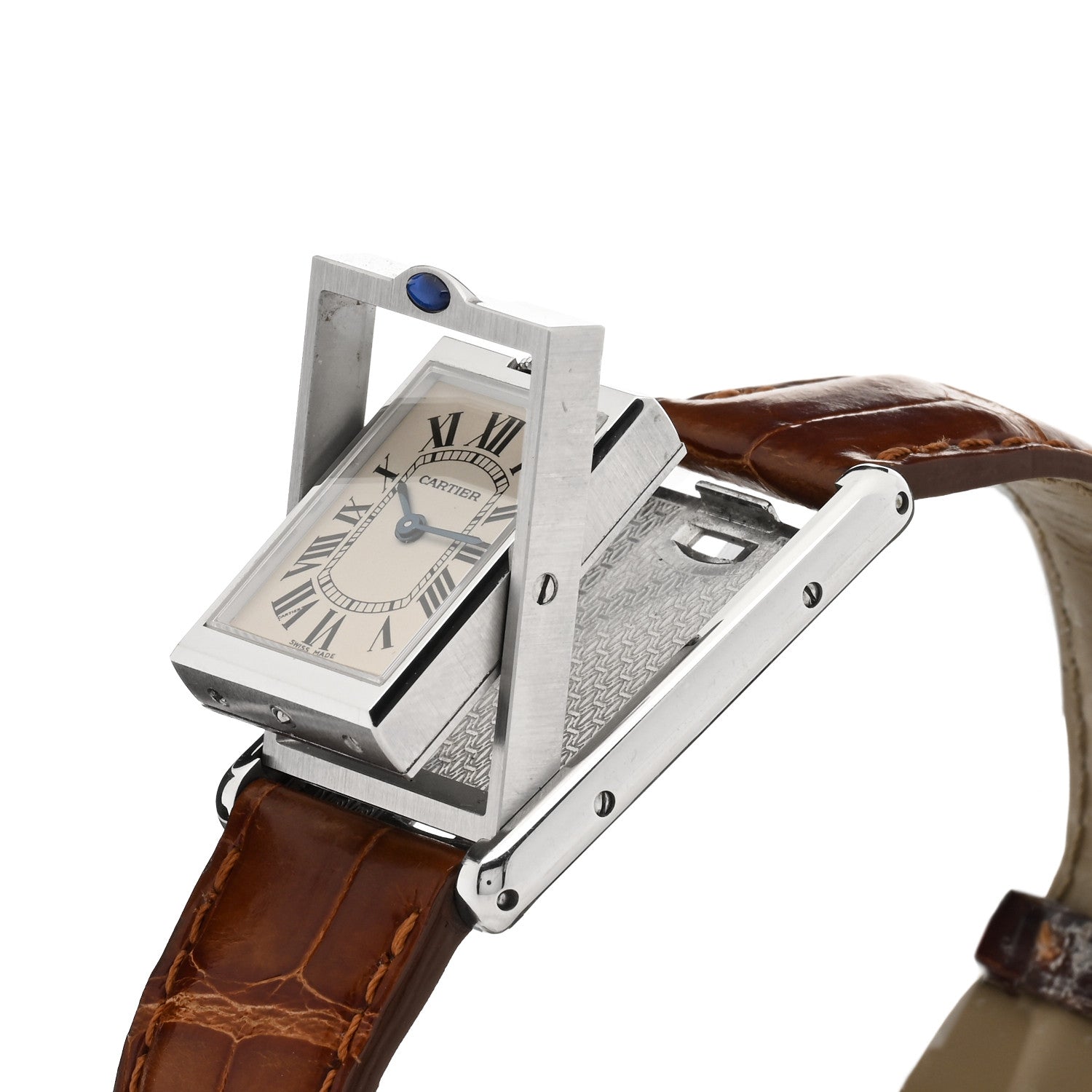 Cartier Stainless Steel Alligator 22mm Tank Basculante Quartz Watch Brown 5 of 5