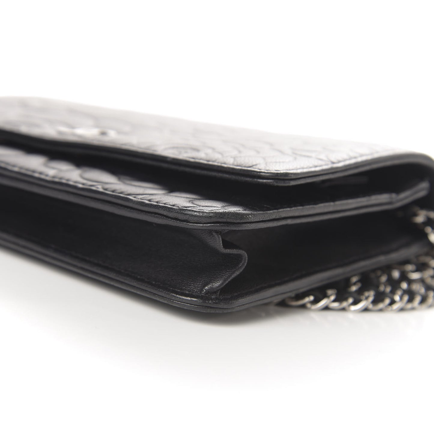 Goatskin Camellia Embossed Wallet on Chain WOC Black