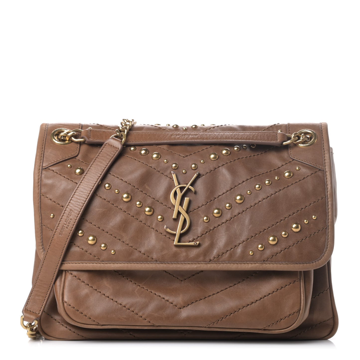 Crinkled Calfskin Matelasse Monogram Medium Niki Chain Satchel Brown