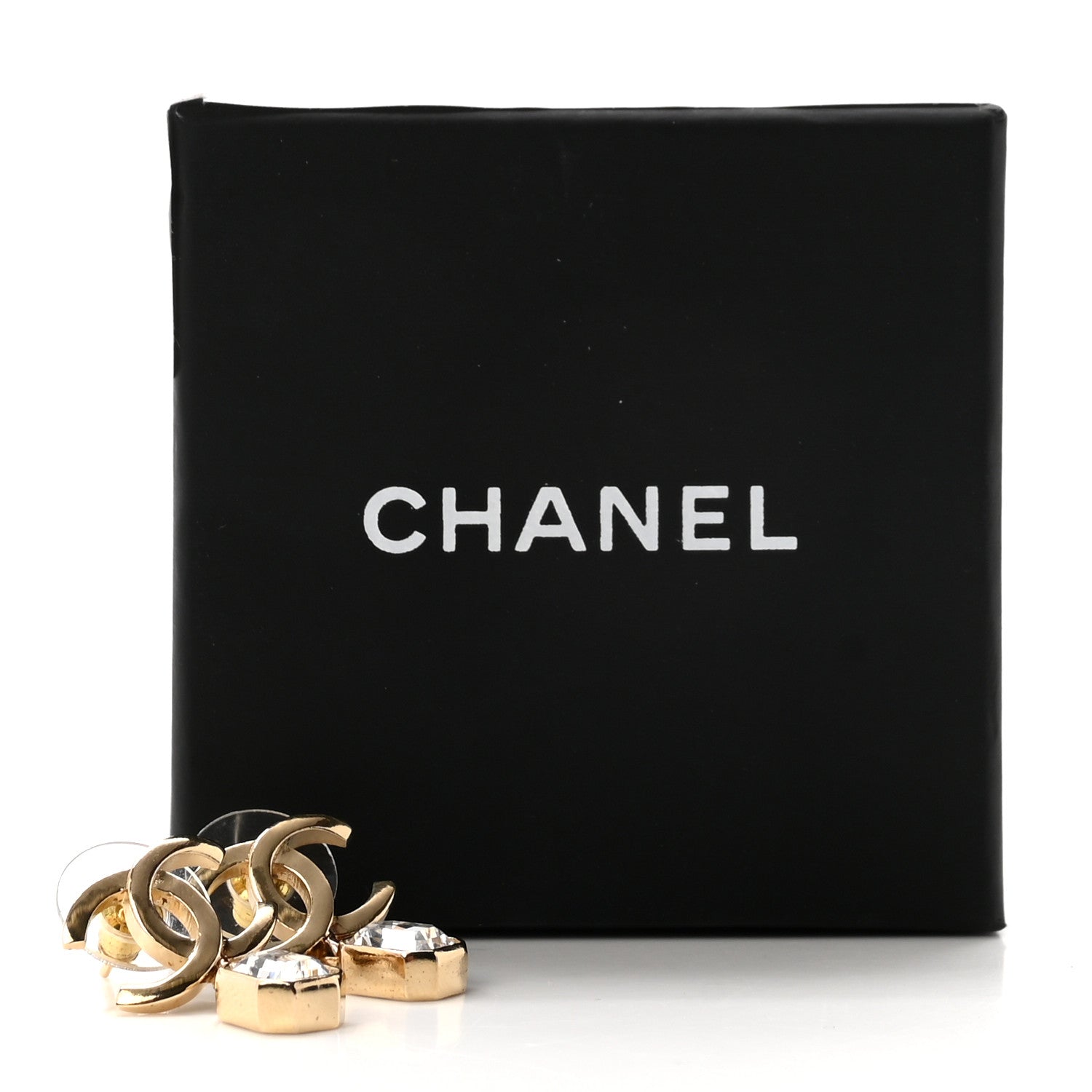 Chanel Crystal CC Emerald Cut Drop Earrings Gold 5 of 5