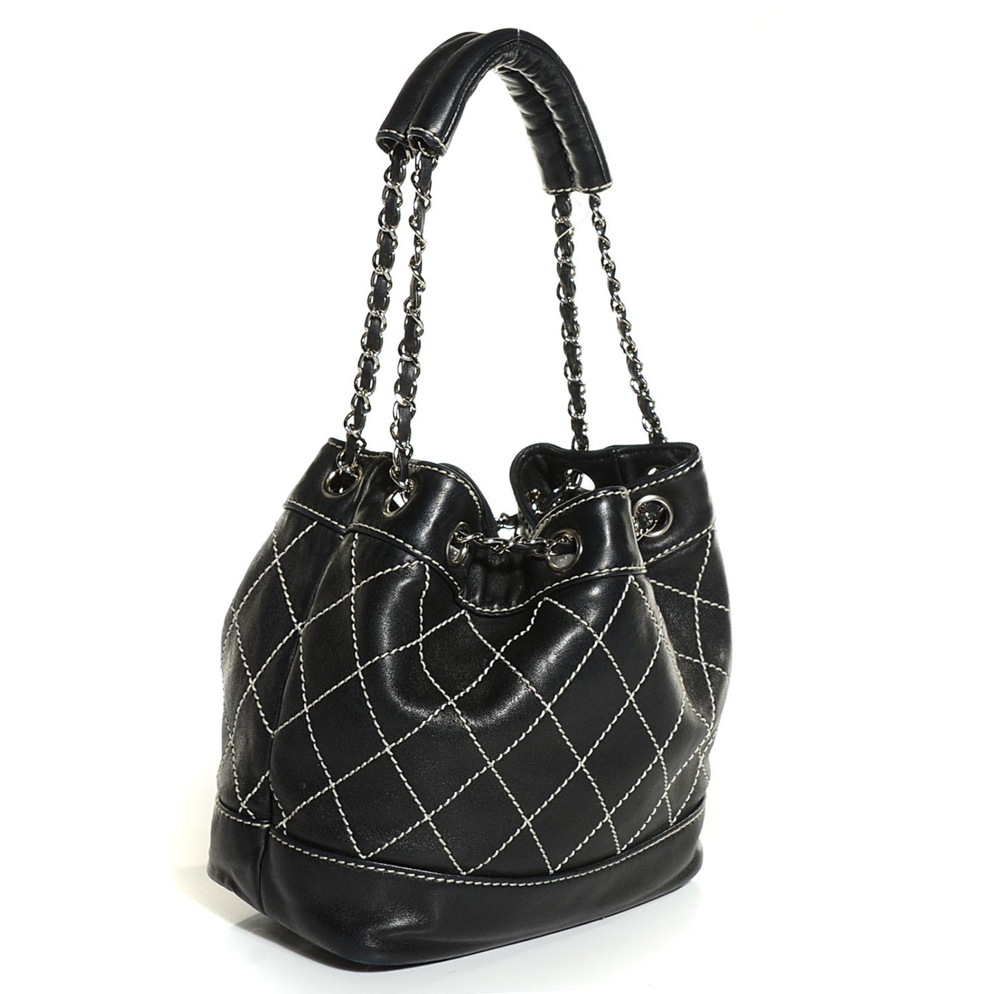 Lambskin Wild Stitch Drawstring Tote Black