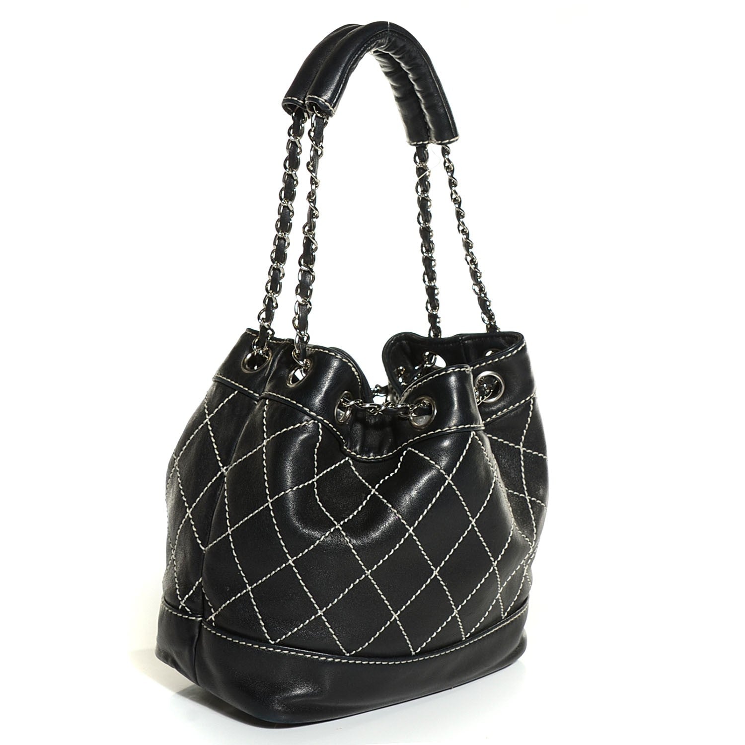 Chanel Lambskin Wild Stitch Drawstring Tote Black 3 of 7