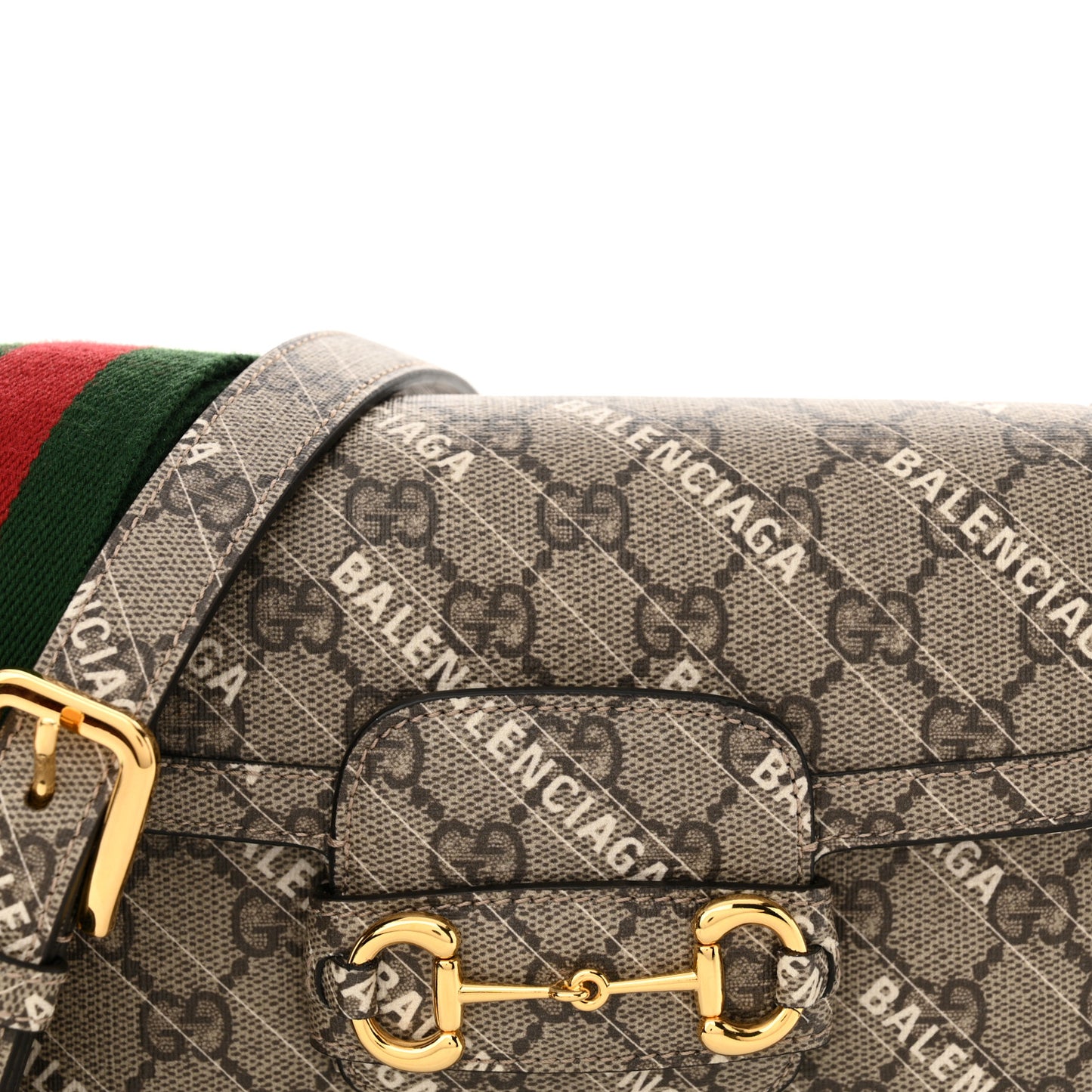 X BALENCIAGA GG Supreme Monogram Web Logo Print Mini Horsebit 1955 Shoulder Bag Beige Ebony