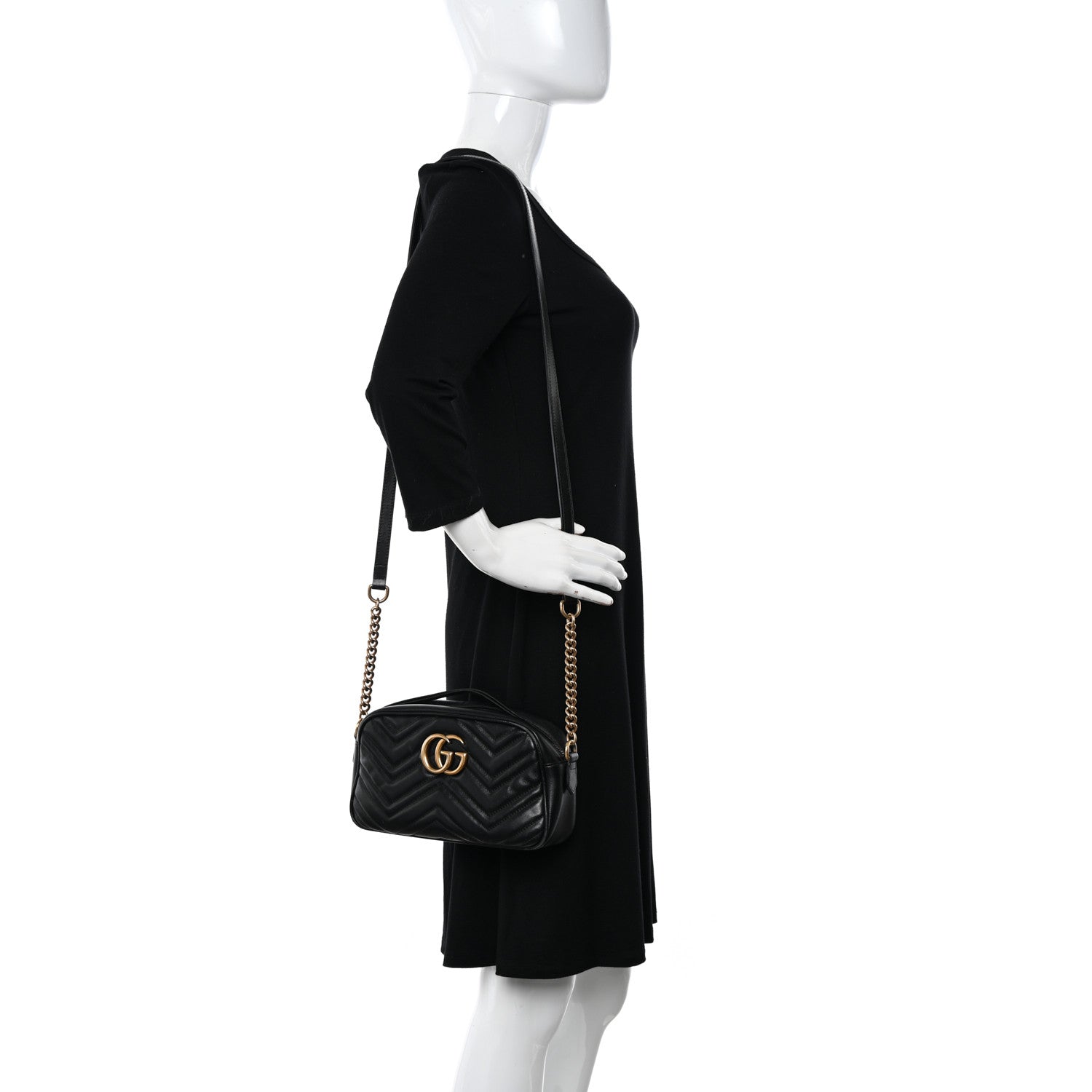 Gucci Calfskin Matelasse Small GG Marmont Chain Shoulder Bag Black 2 of 16