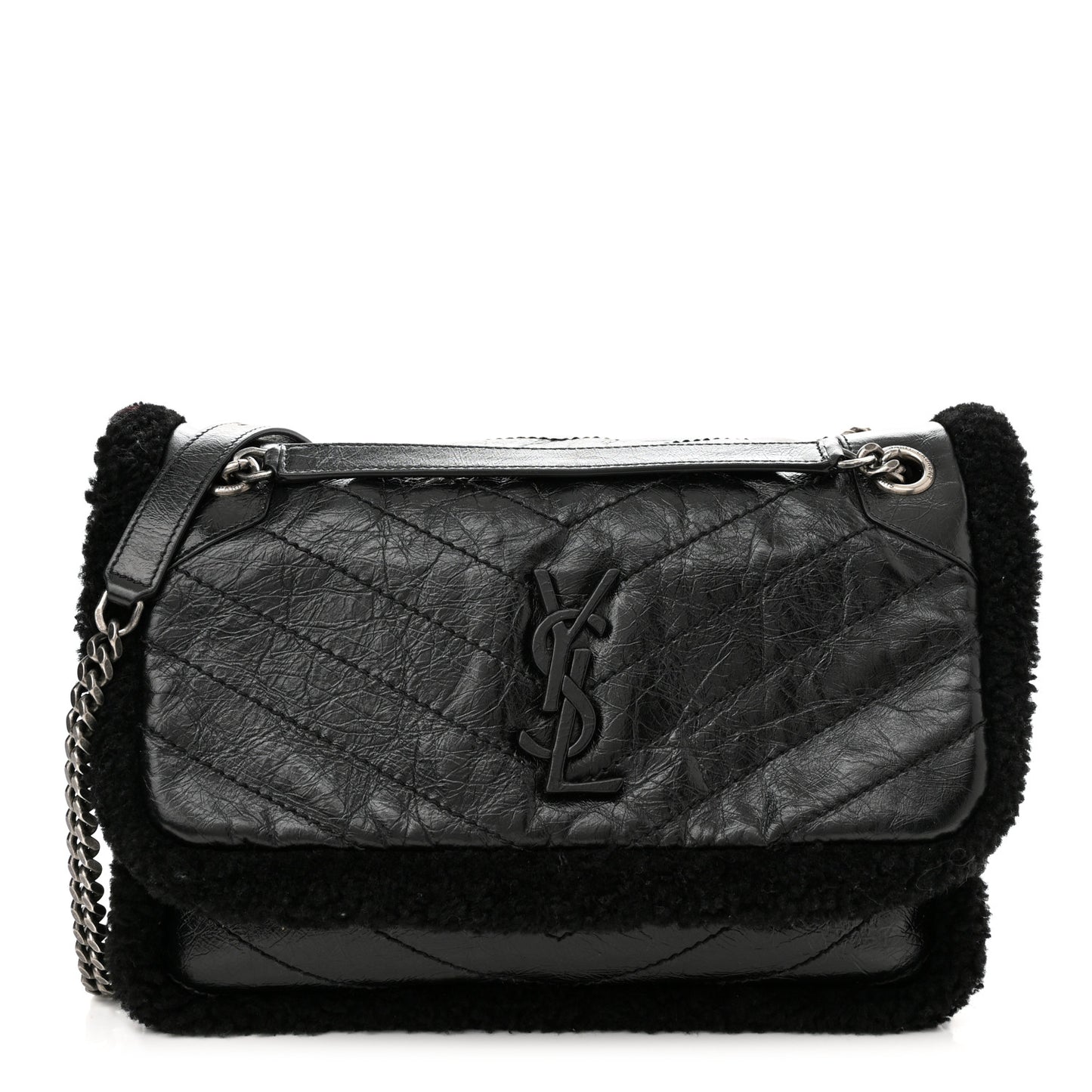 Crinkled Calfskin Shearling Monogram Medium Niki Chain Satchel Black