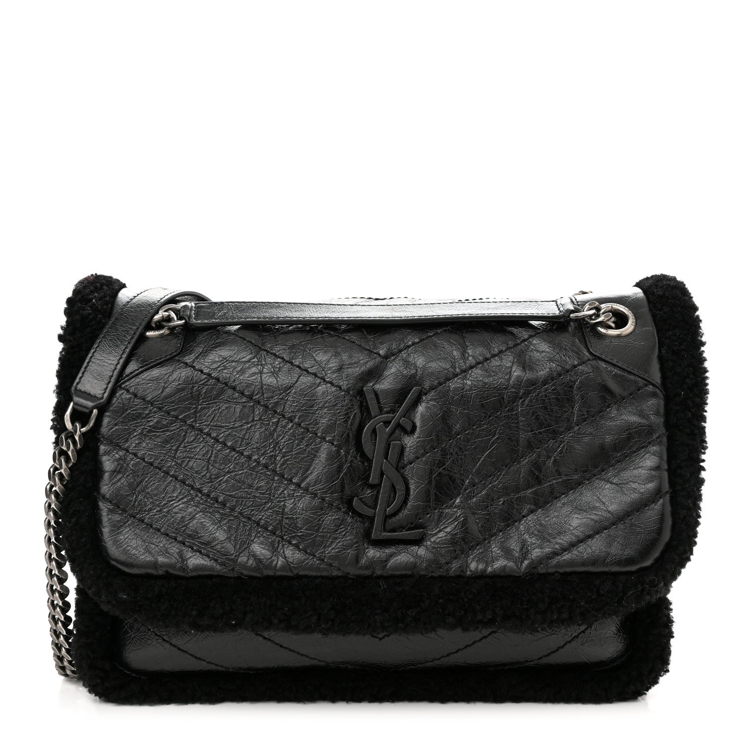 Saint Laurent Crinkled Calfskin Shearling Monogram Medium Niki Chain Satchel Black 1 of 11