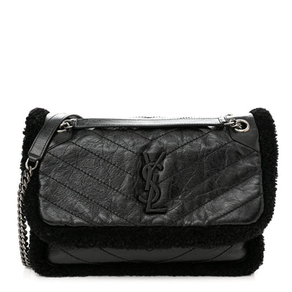 Saint Laurent Crinkled Calfskin Shearling Monogram Medium Niki Chain Satchel Black 1 of 11