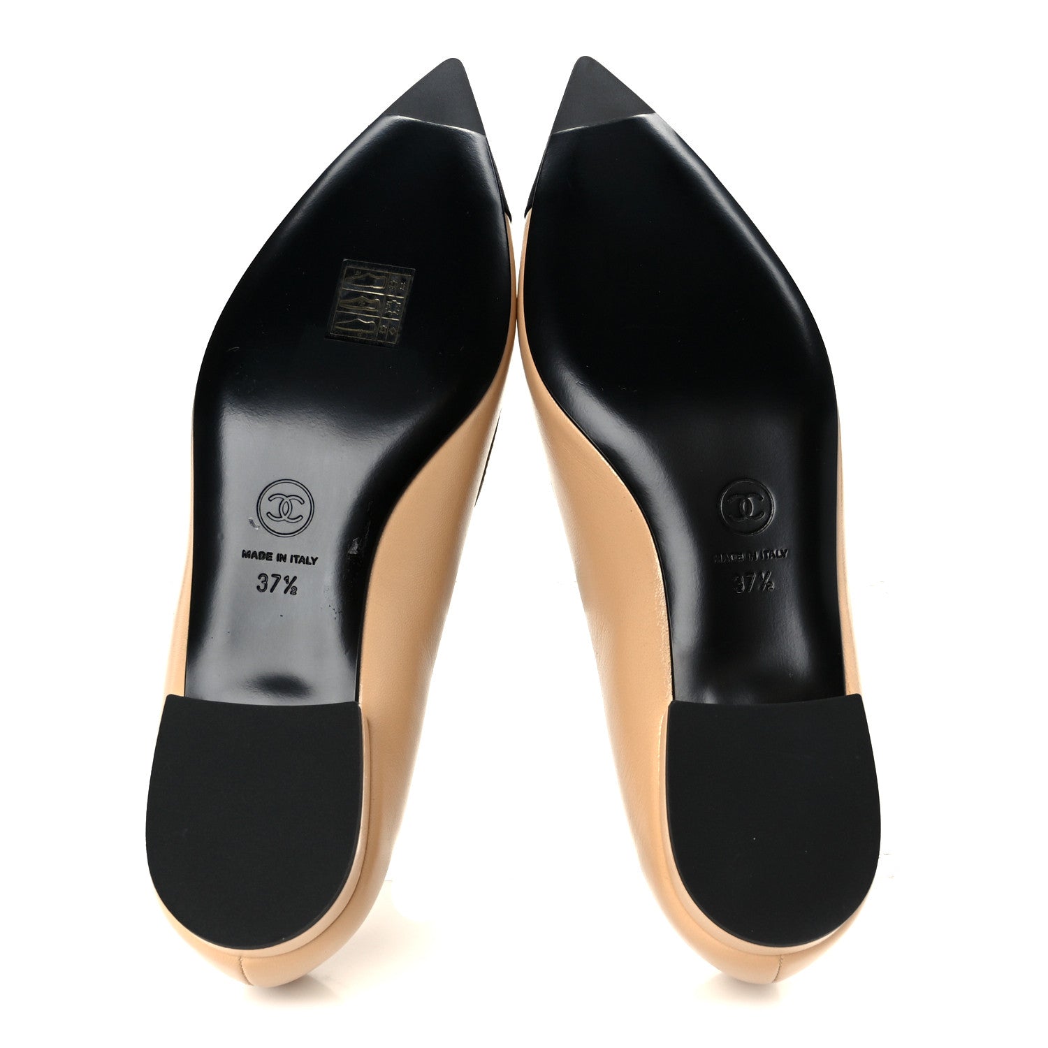 Chanel Shiny Lambskin Grosgrain Pointed Toe CC Ballet Flats 37.5 Beige Black 6 of 10