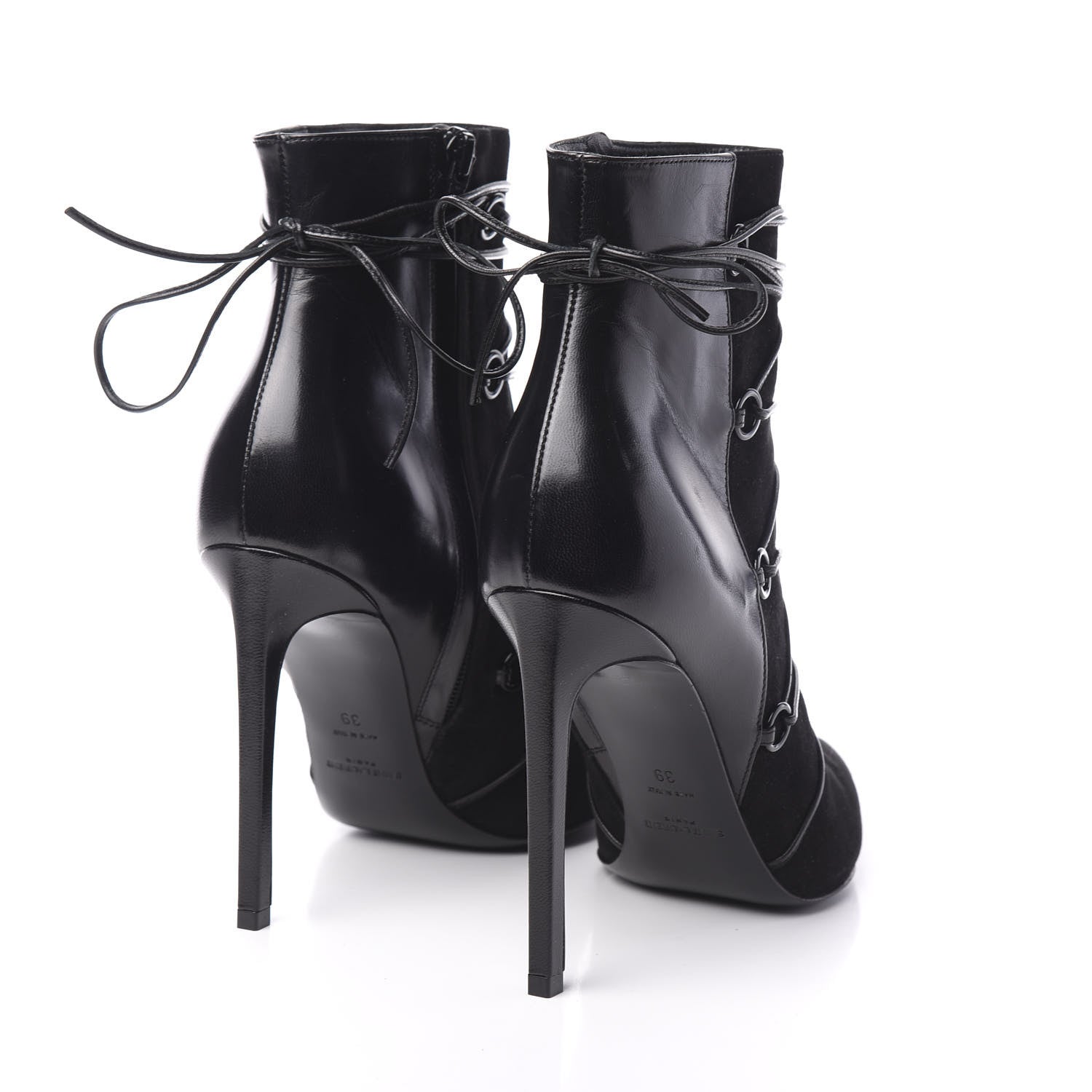 Saint Laurent Calfskin Velvet Lace Up Ankle Boots 39 Black 4 of 9