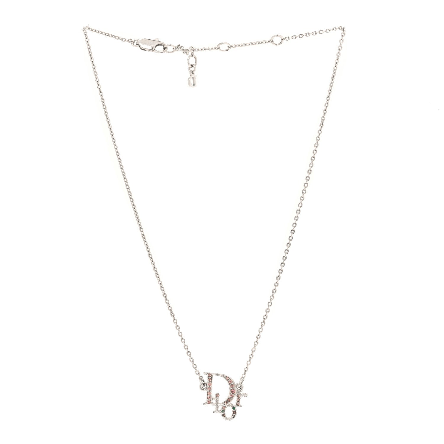 Christian Dior Metal Crystal Logo Choker Necklace Silver Pink 3 of 5