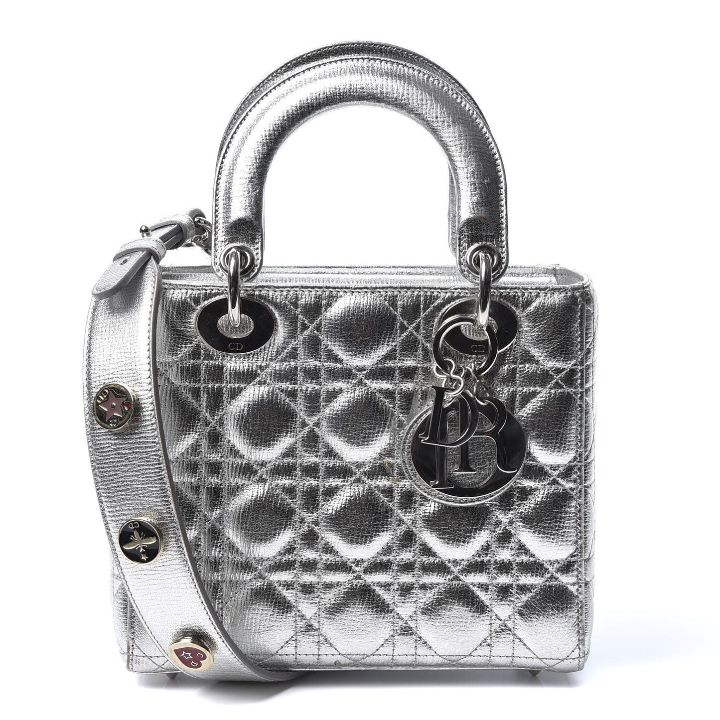 Metallic Grained Calfskin Cannage Small Lucky Badges My Lady Dior Silver