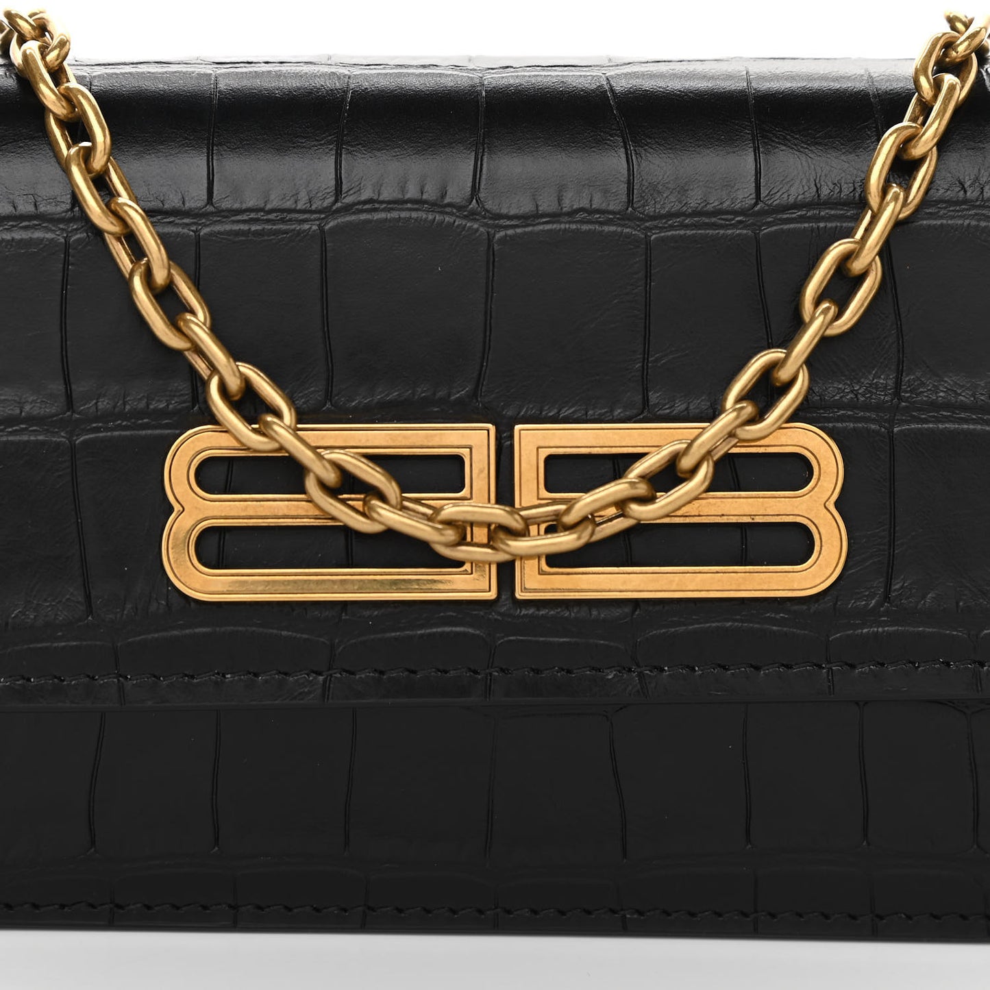 Extra Supple Calfskin Crocodile Embossed Gossip Wallet On Chain Black
