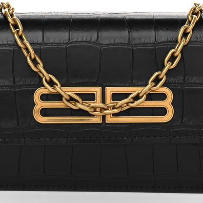 Balenciaga Extra Supple Calfskin Crocodile Embossed Gossip Wallet On Chain Black 7 of 9