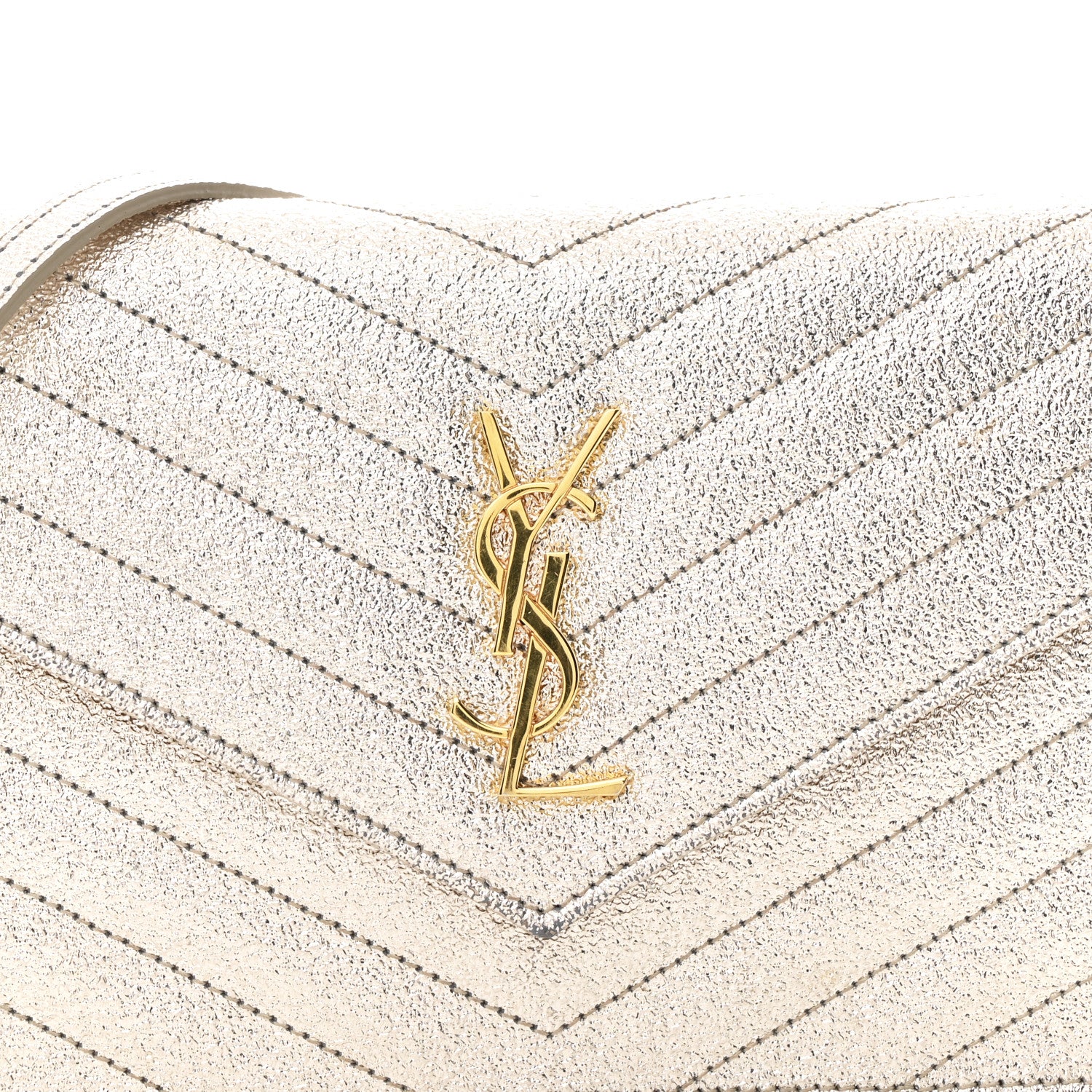 Saint Laurent Metallic Crackled Calfskin Matelasse Chevron Monogram Envelope Chain Wallet Gold 8 of 13