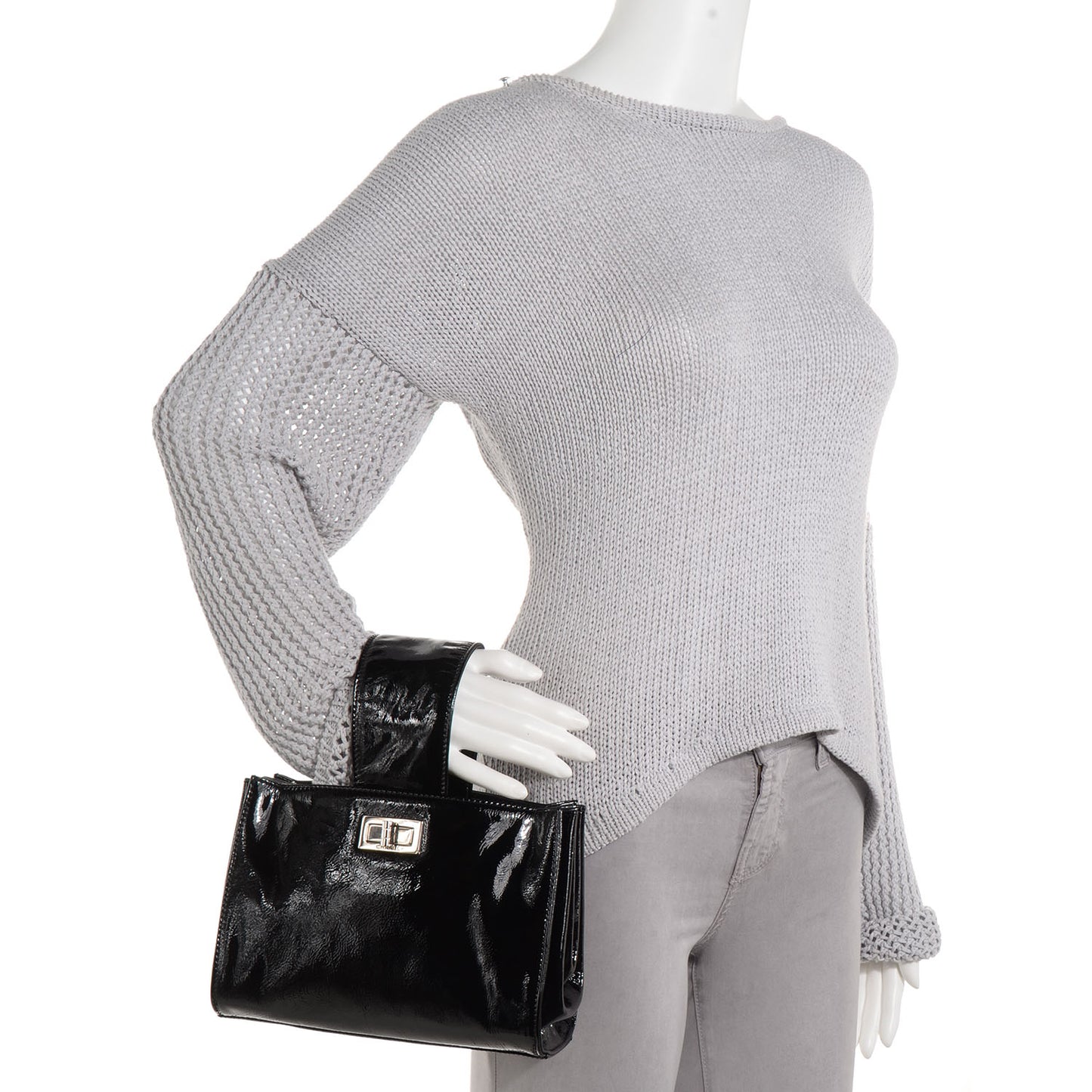Patent Mademoiselle Lock Convertible Wrist Clutch Bag Black