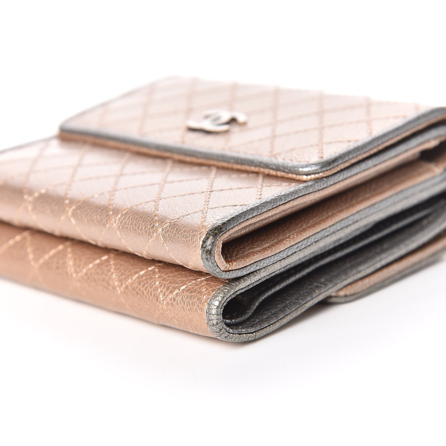 Chanel Metallic Calfskin Diamond Stitched Card Holder Wallet Gold Silver 6 of 19