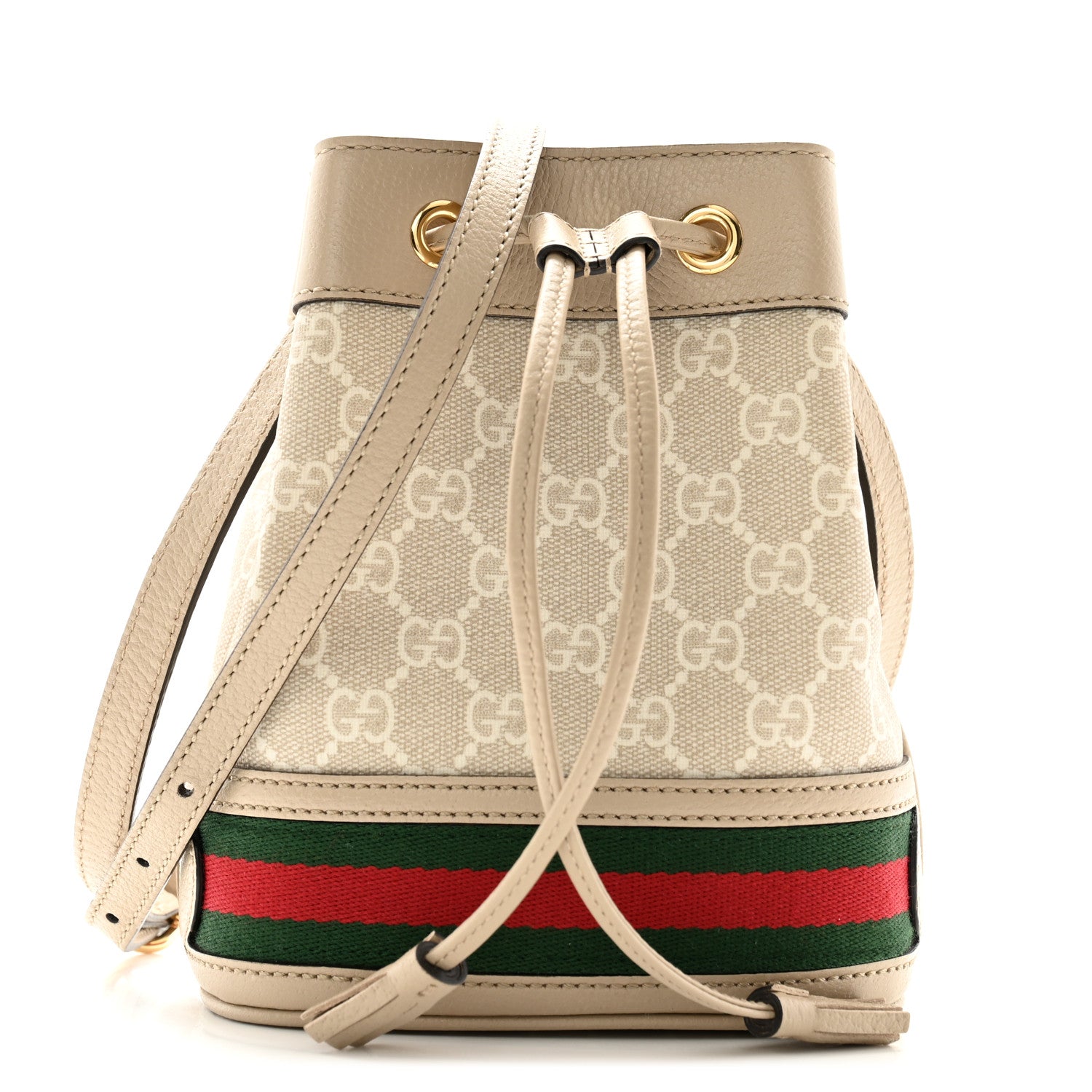 Gucci GG Supreme Monogram Textured Calfskin Web Mini Ophidia Bucket Bag Beige Mystic White Oatmeal 1 of 10