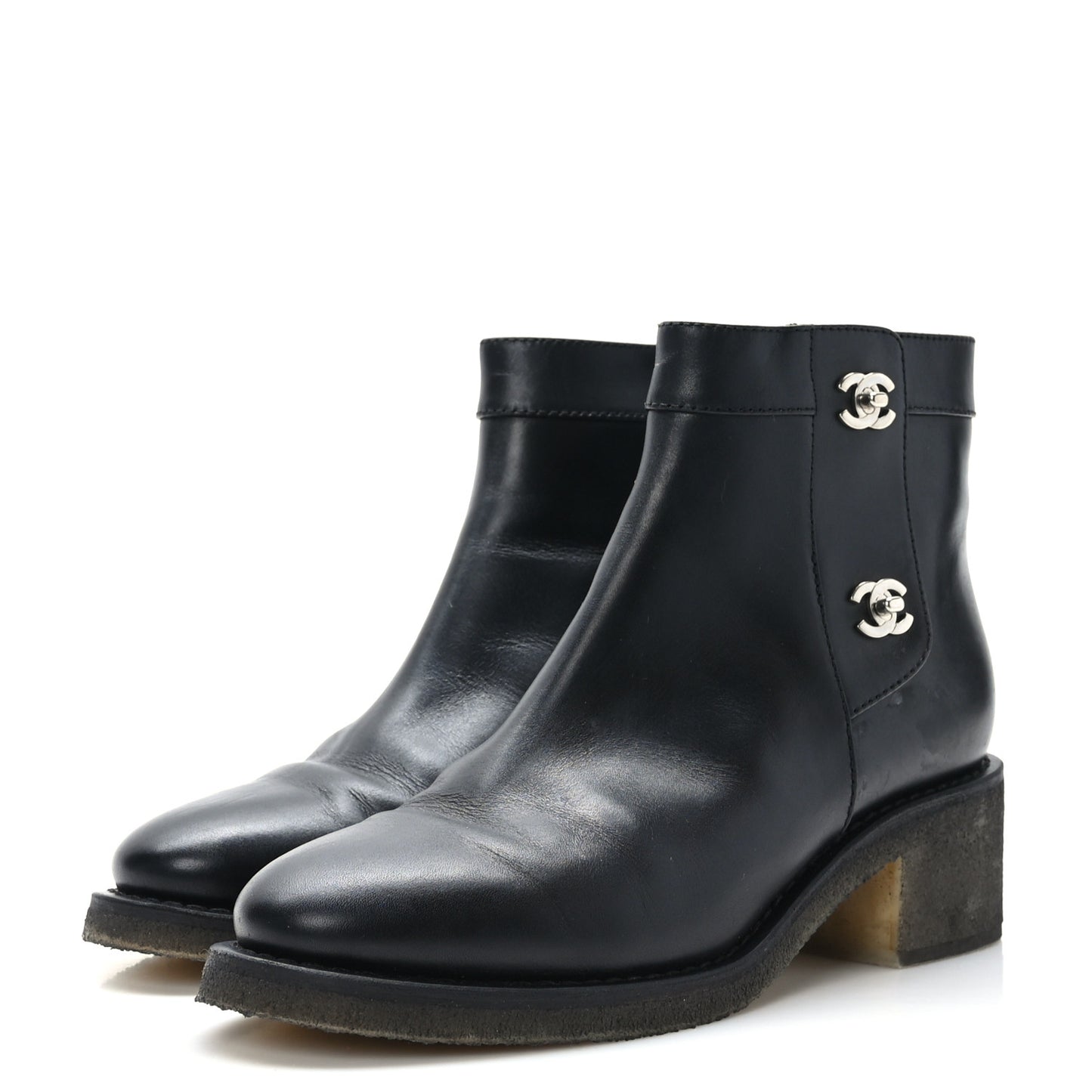 Iridescent Calfskin CC Turnlock Ankle Boots 40 Black