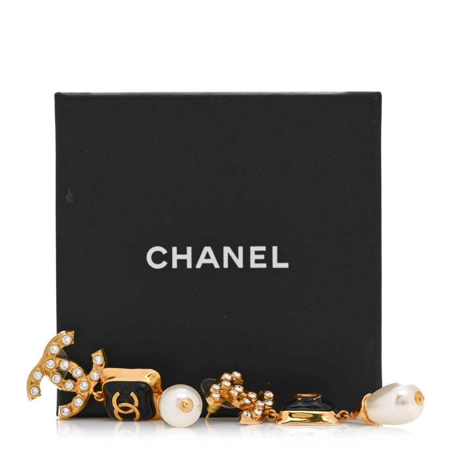Crystal Pearl CC Drop Earrings Gold White Black