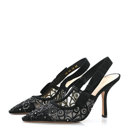 Christian Dior Mesh Crystal Lambskin Ribbon J'Adior Slingback 100mm Pumps Black 3 of 8