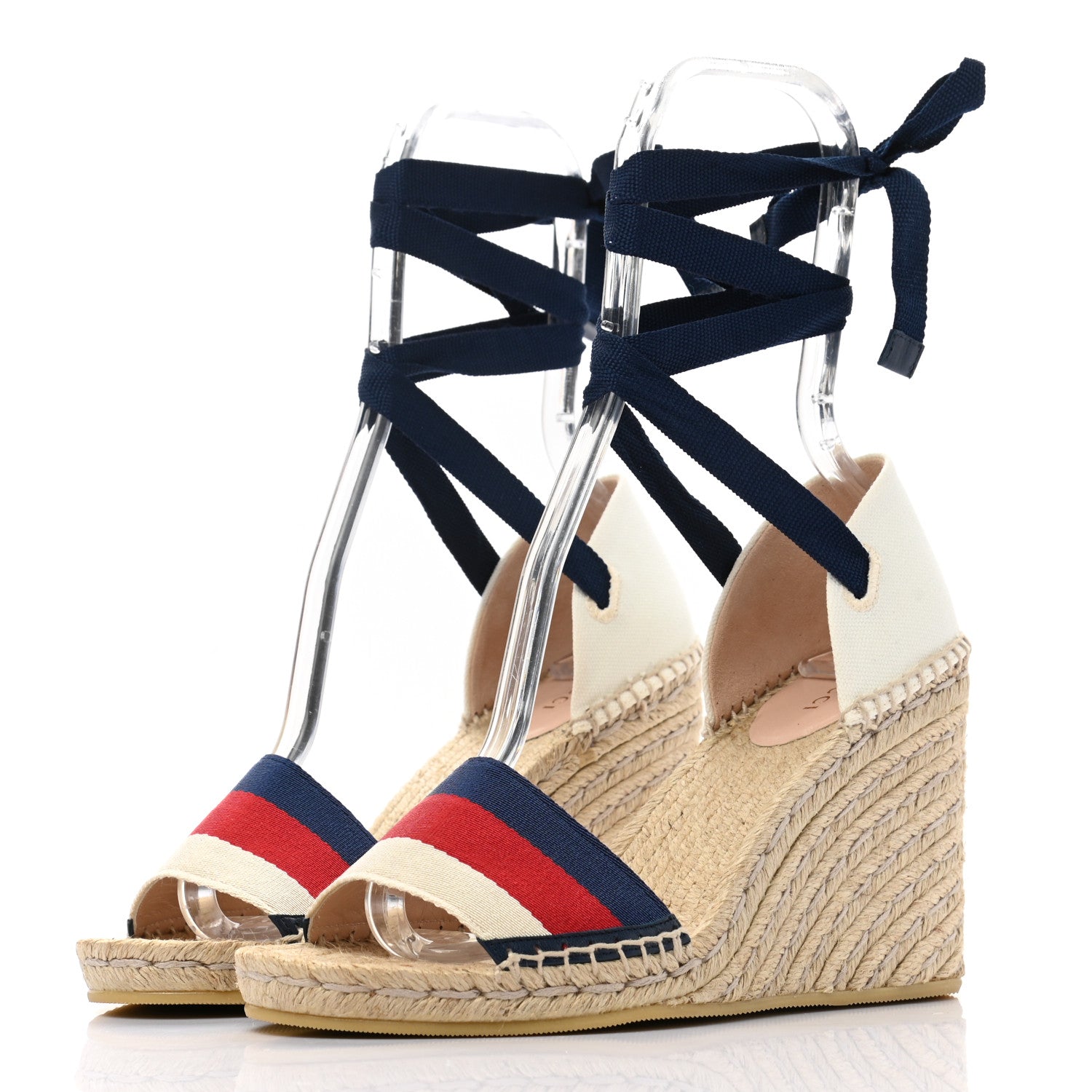 Gucci Canvas Sylvie Web Ankle Wrap Espadrille Wedge Sandals 38.5 Mystic White Hibiscus Red Maritime 3 of 9