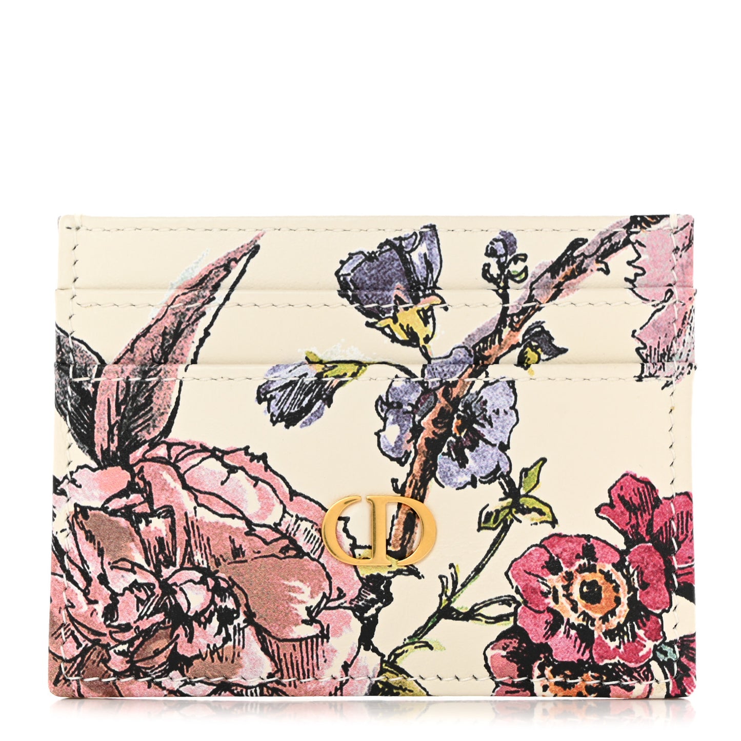 Calfskin Caro Floral Five-Slot Card Holder White Multicolor