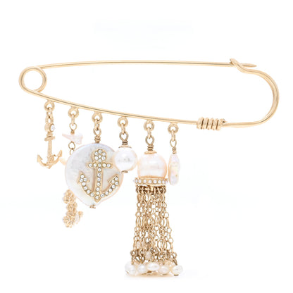 Chanel Pearl Crystal CC Charms Safety Pin Brooch Gold 1 of 4
