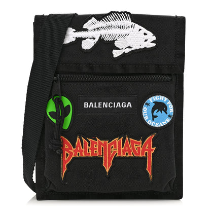 Balenciaga Nylon Logo Multi Patch Small Explorer Pouch with Strap Black 1 of 10