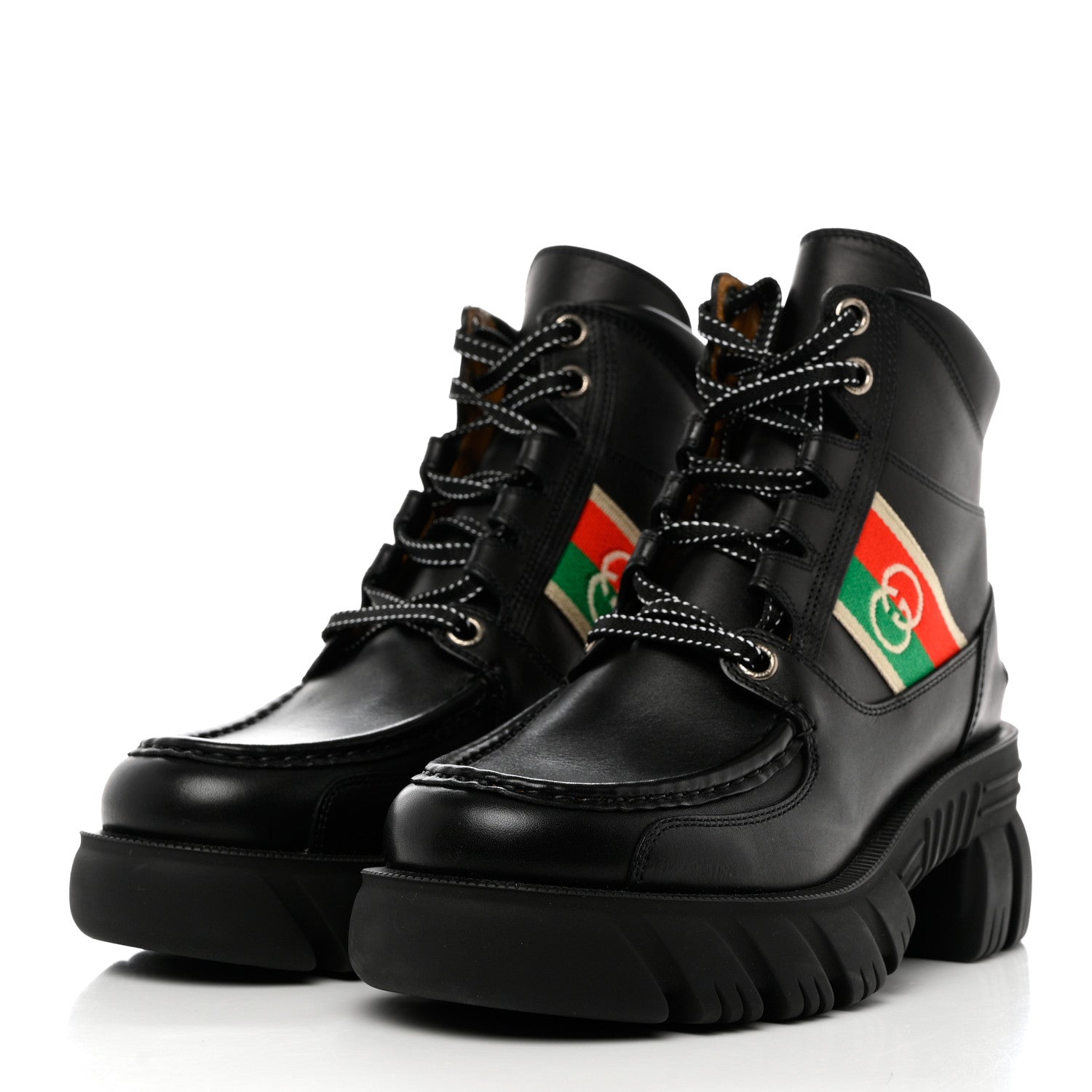 Gucci Quebec Calfskin Web Womens Interlocking G Lace Up Combat Boots 39 Black Mystic White Green Red 3 of 8