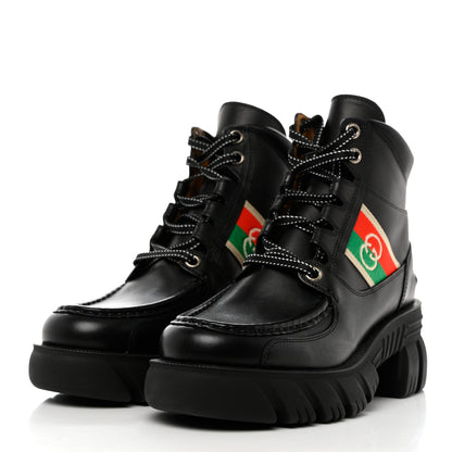 Gucci Quebec Calfskin Web Womens Interlocking G Lace Up Combat Boots 39 Black Mystic White Green Red 3 of 8