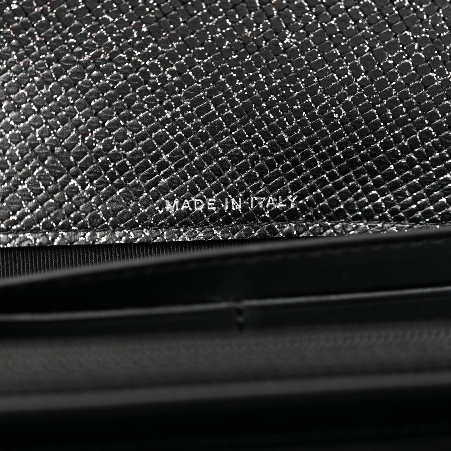 Glittered Calfskin Quilted Large Gusset Flap Wallet Dark Grey