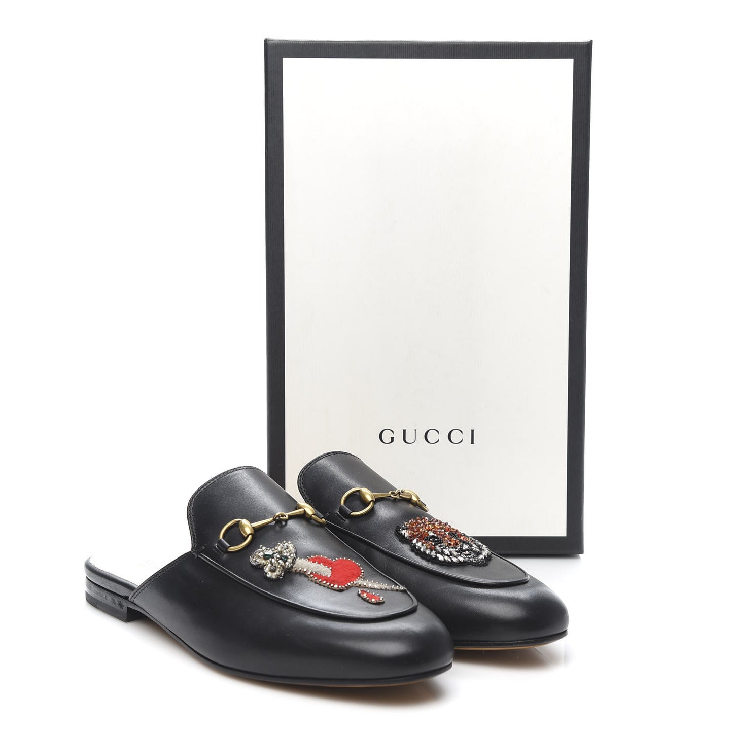 Calfskin Crystal Tiger Embroidered Princetown Slippers 41 Black