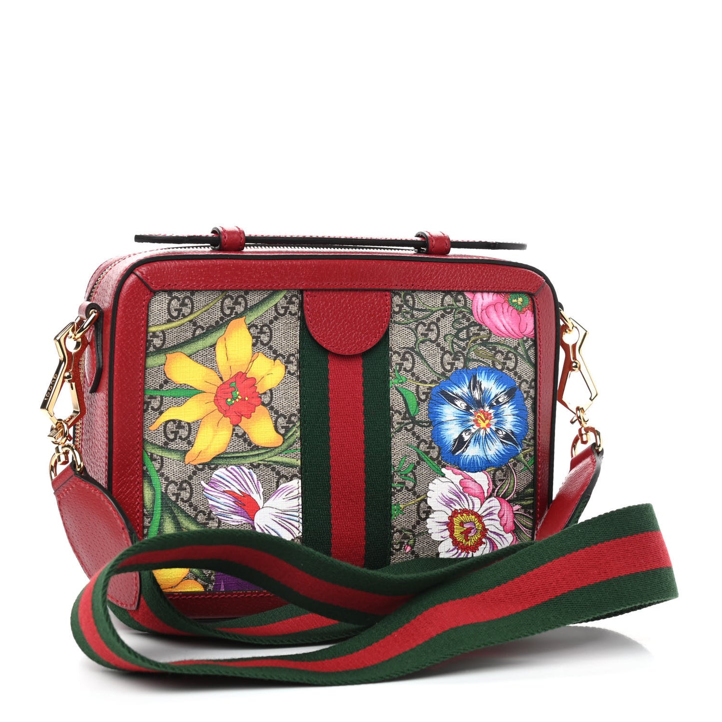 GG Supreme Monogram Flora Web Small Ophidia Top Handle Shoulder Bag Hibiscus Red