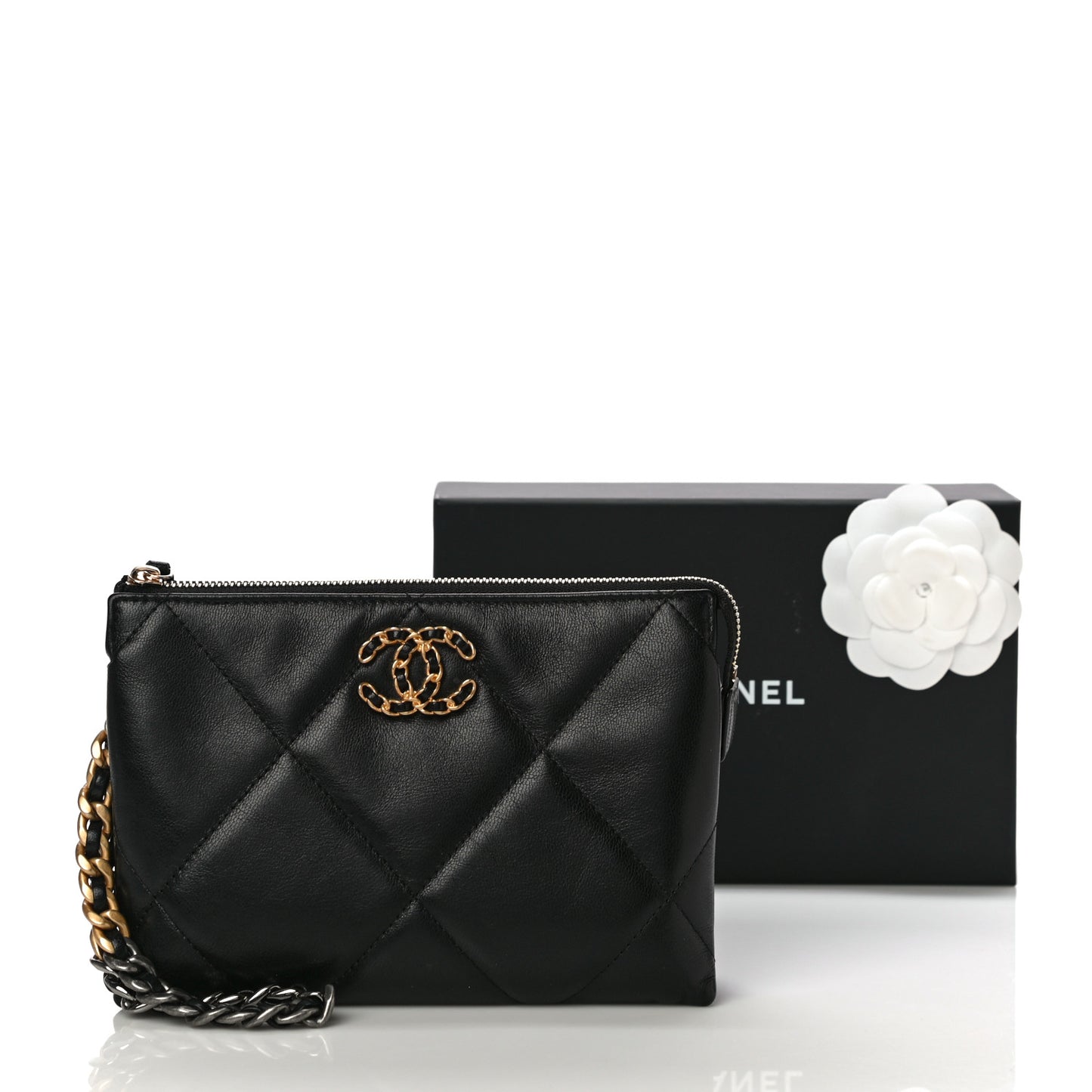 Shiny Goatskin Quilted Small Chanel 19 Pouch With Handle Black