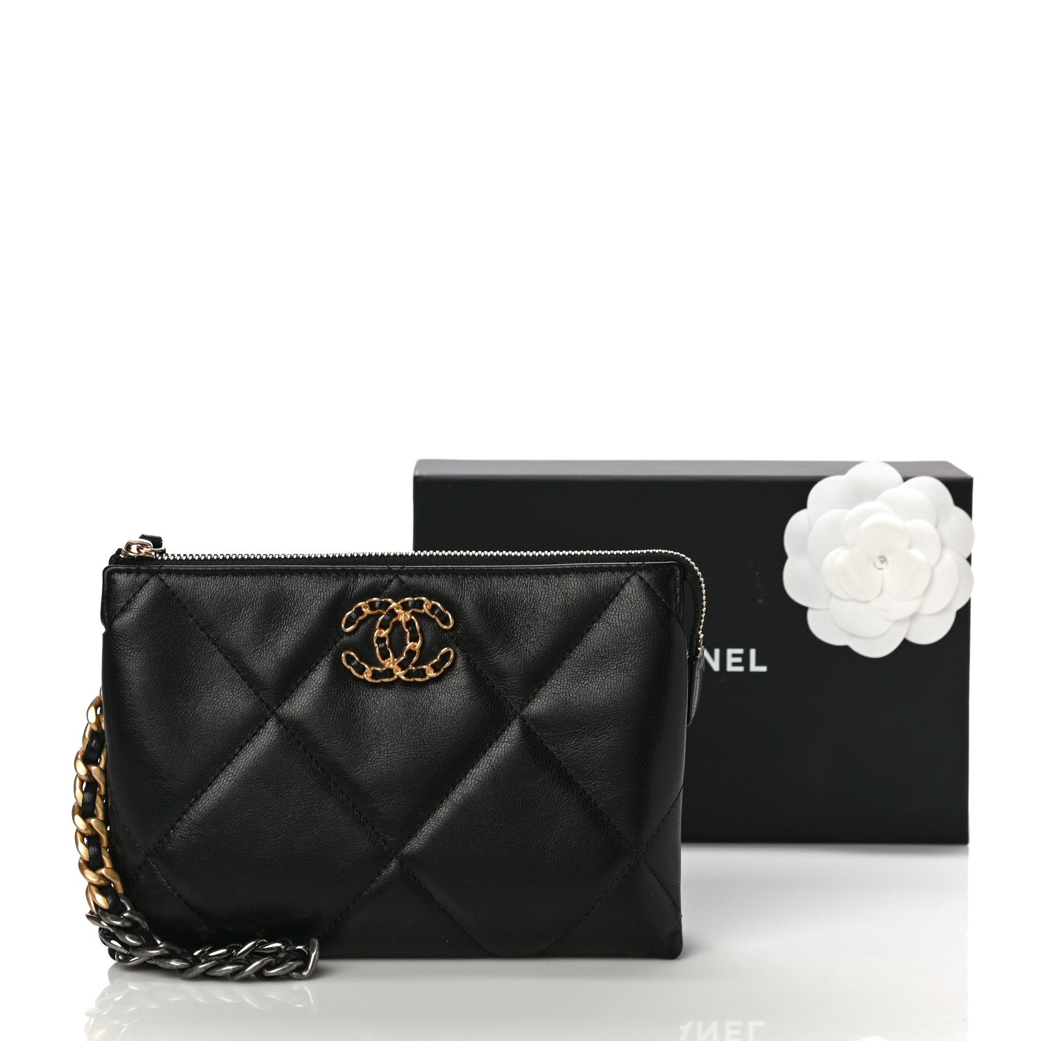 Chanel Shiny Goatskin Quilted Small Chanel 19 Pouch With Handle Black 11 of 11