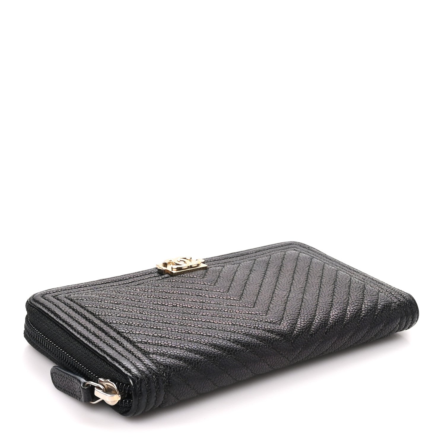 Chanel Caviar Chevron Quilted Zip Around Boy Wallet Black 4 of 7