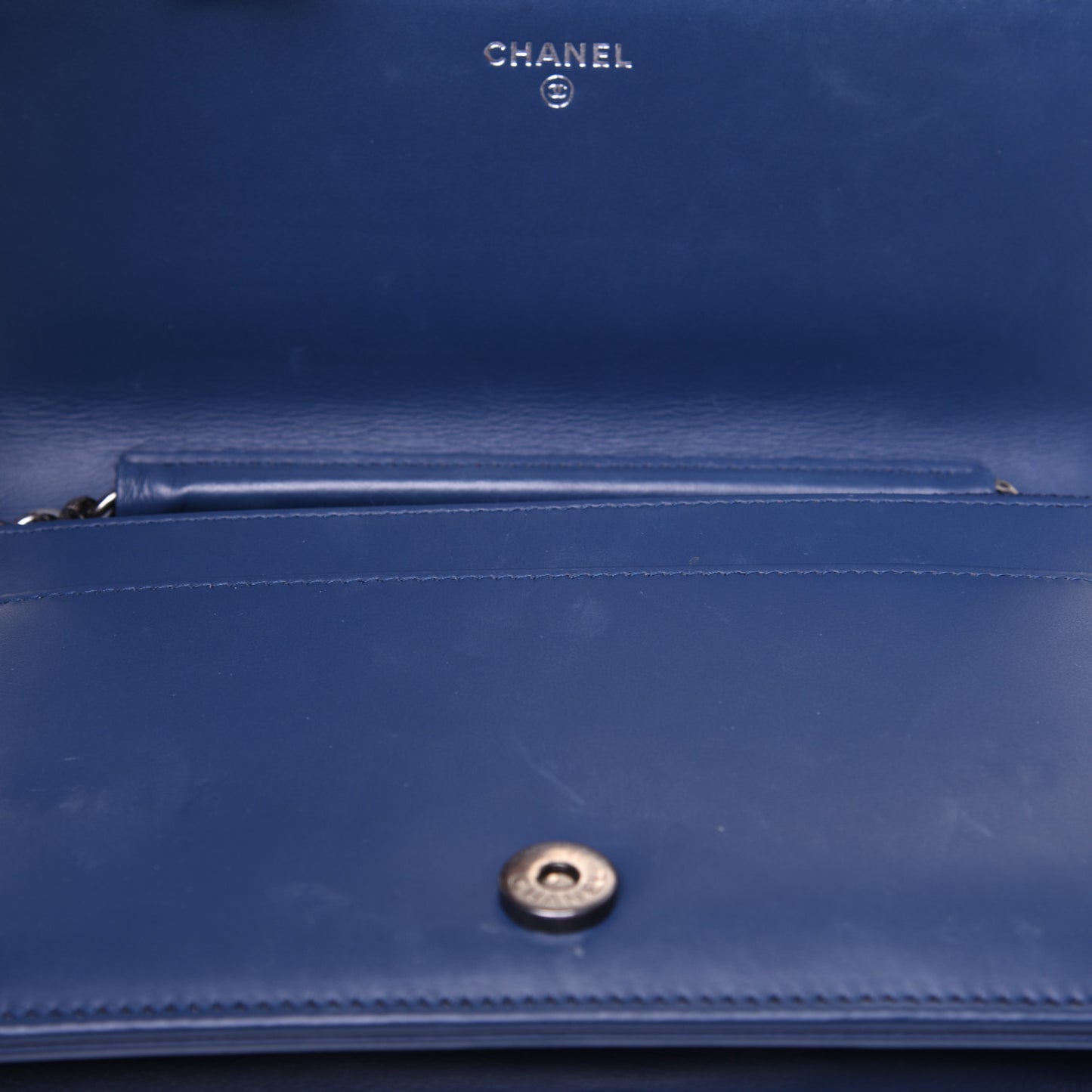 Calfskin Painted Chevron Embossed Boy Wallet On Chain WOC Navy